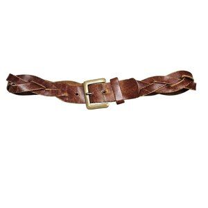 Vintage Braided Leather Belt size 28 Brass Buckle‎ Brown Leather Boho Festival